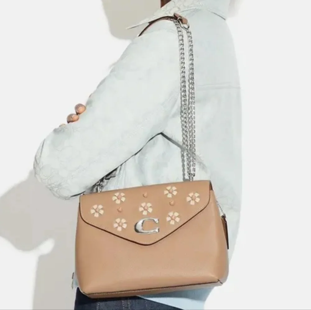 COACH Tammie Shoulder Bag with Floral Whipstitch in Taupe/Silver - Picture 4 of 14
